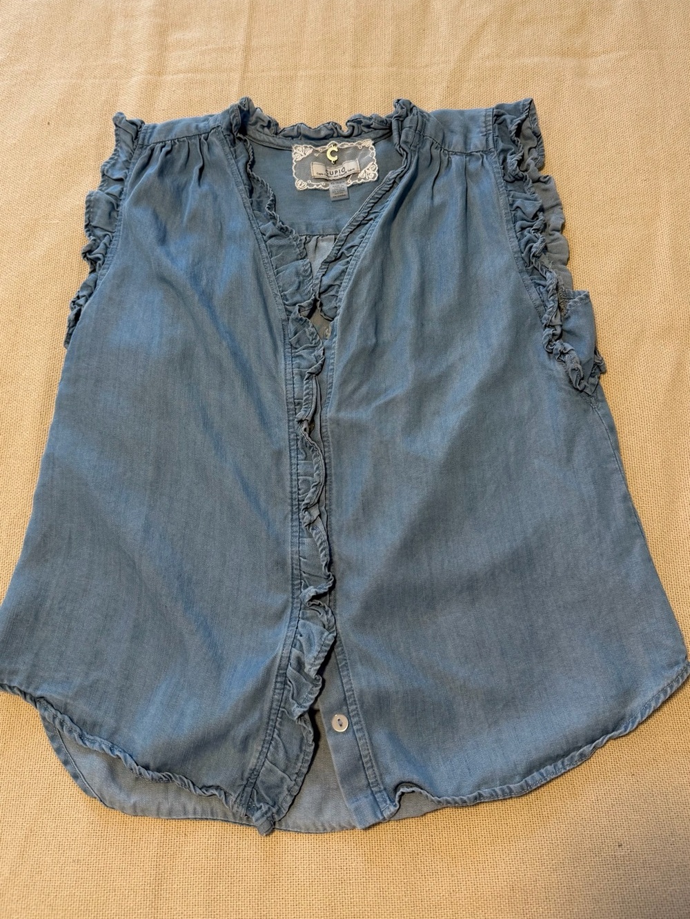 Cupio Chambray Ruffle-Trim Sleeveless Button Front Top
